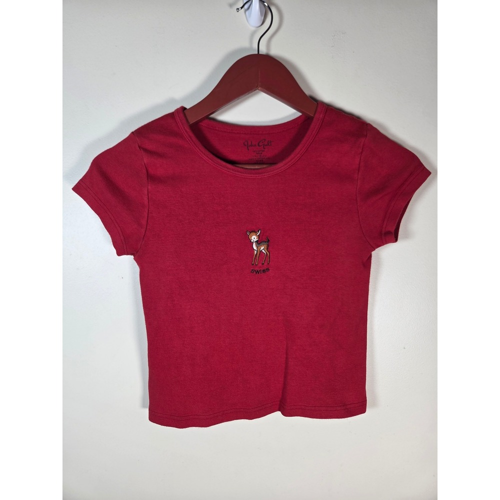 John Galt Baby Tee Women XS Red Bambi Deer Swiss Embroidered Crop Y2K Coquette
